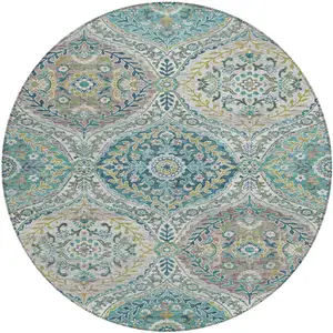 Photo of 8' Teal Blue Fern Green And Beige Round Floral Washable Indoor Outdoor Area Rug