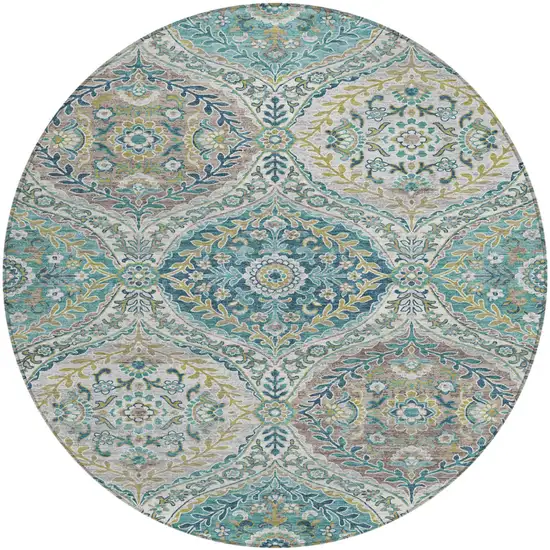 8' Teal Blue Fern Green And Beige Round Floral Washable Indoor Outdoor Area Rug Photo 1