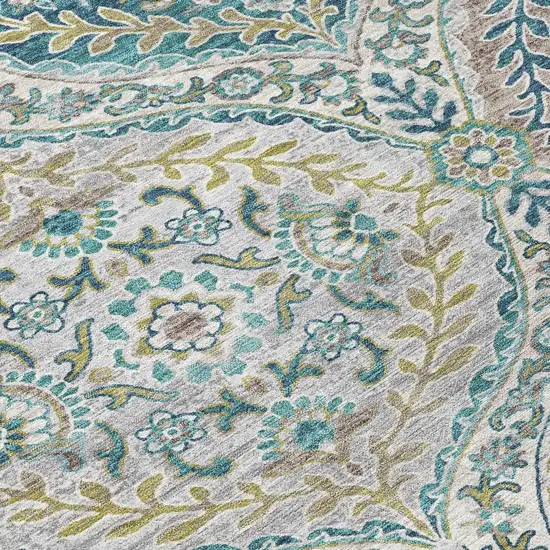 8' Teal Blue Fern Green And Beige Round Floral Washable Indoor Outdoor Area Rug Photo 8
