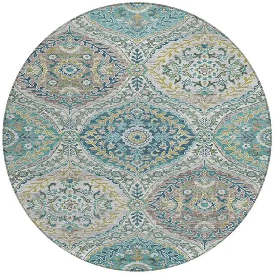8' Teal Blue Fern Green And Beige Round Floral Washable Indoor Outdoor Area Rug Photo 3