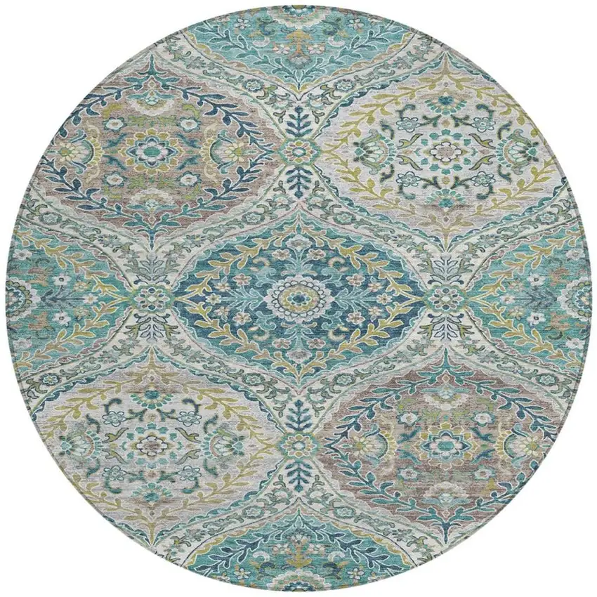 8' Teal Blue Fern Green And Beige Round Floral Washable Indoor Outdoor Area Rug Photo 3