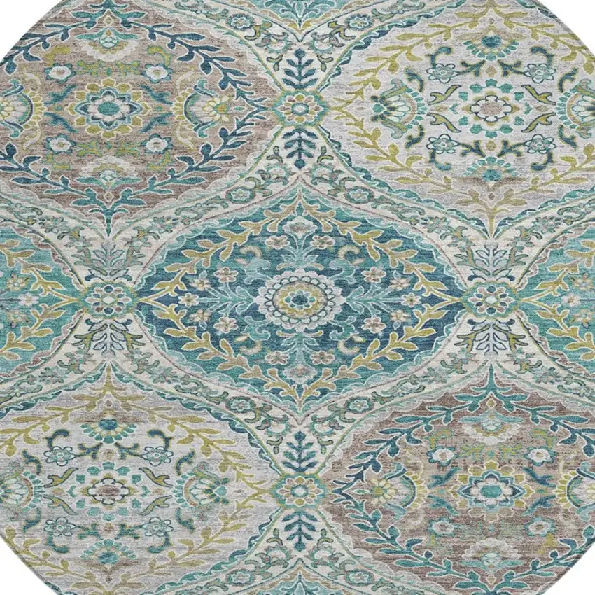 8' Teal Blue Fern Green And Beige Round Floral Washable Indoor Outdoor Area Rug Photo 4
