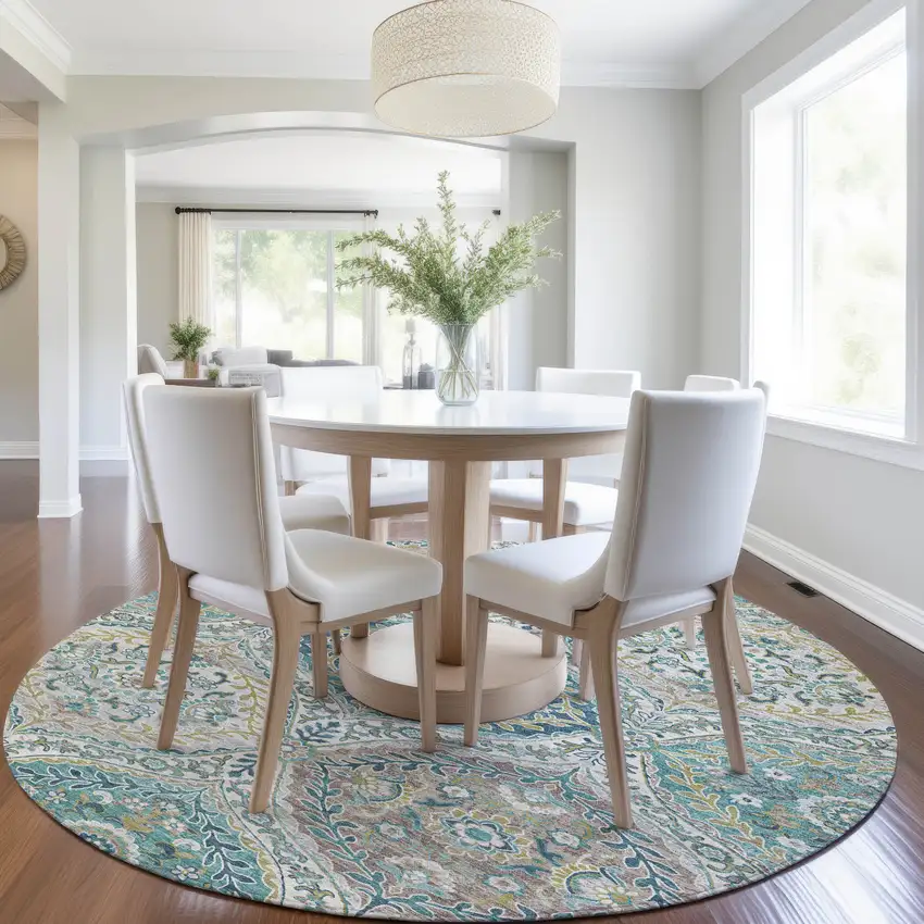 8' Teal Blue Fern Green And Beige Round Floral Washable Indoor Outdoor Area Rug Photo 6