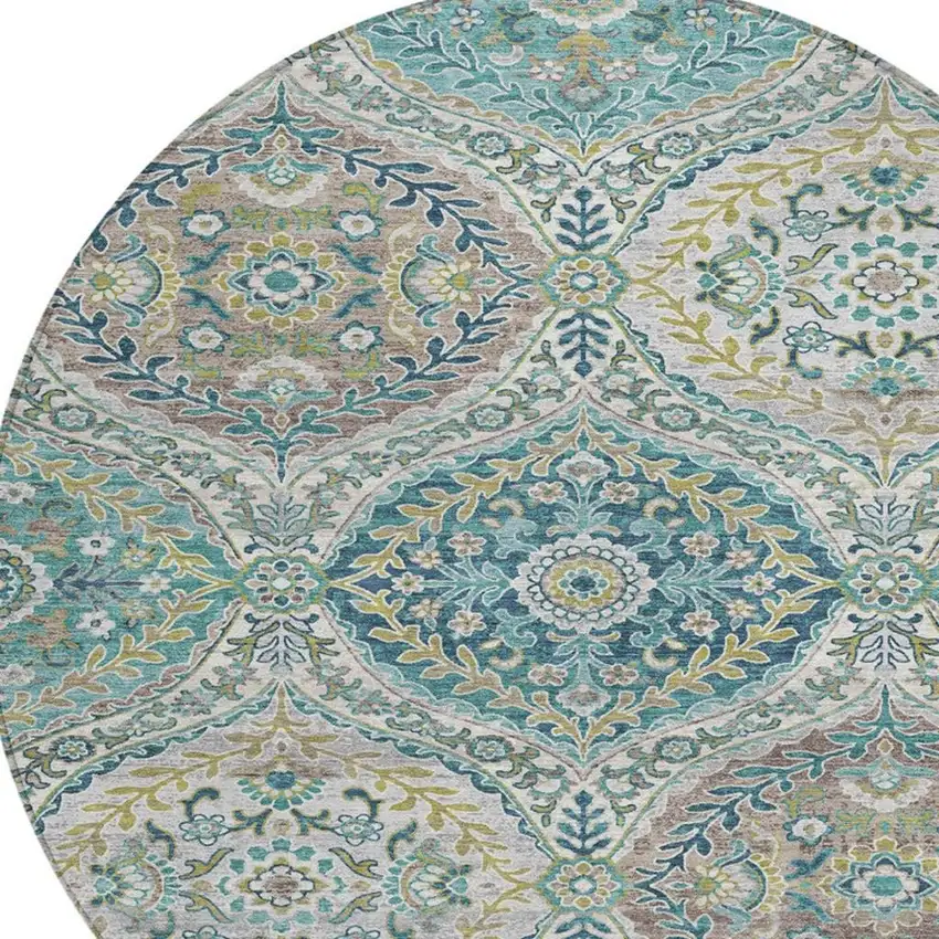 8' Teal Blue Fern Green And Beige Round Floral Washable Indoor Outdoor Area Rug Photo 9