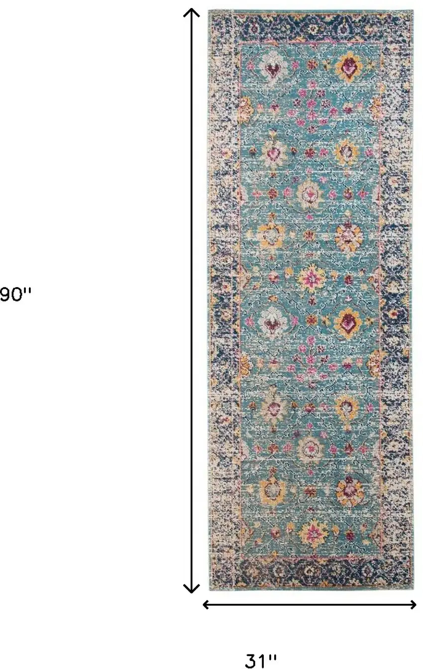 7' Teal Blue Floral Power Loom Runner Rug With Fringe Photo 7