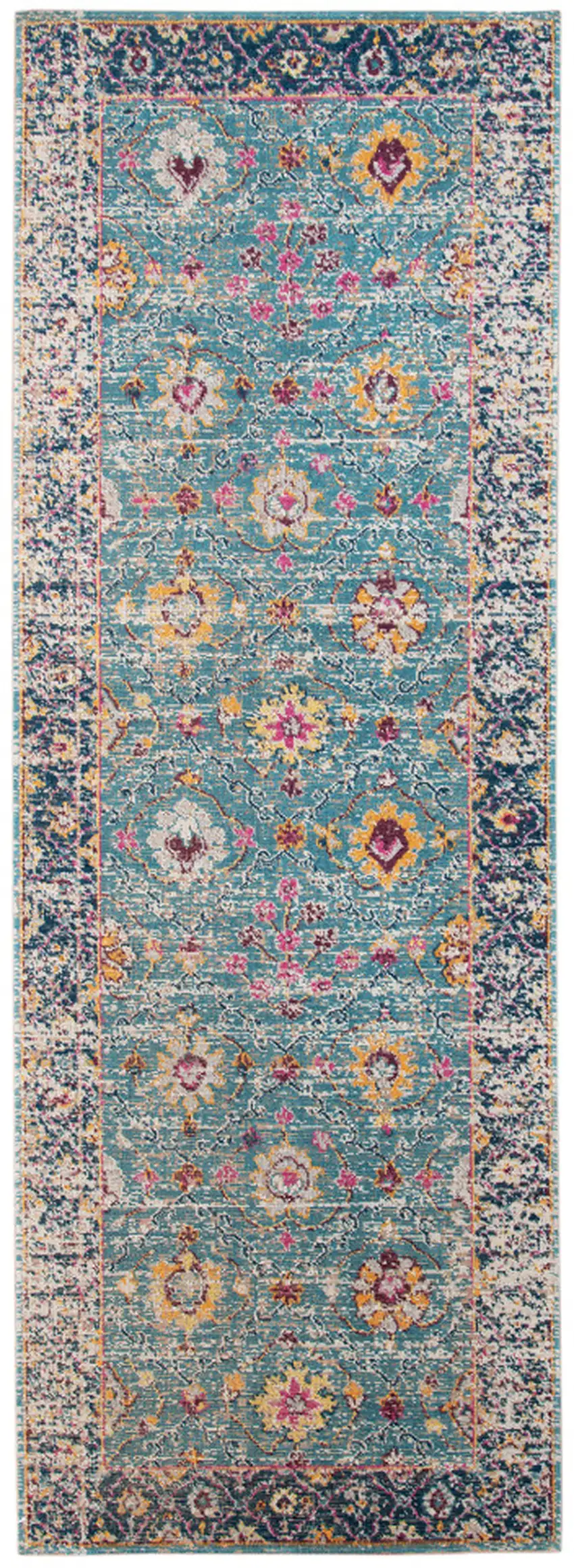 7' Teal Blue Floral Power Loom Runner Rug With Fringe Photo 1