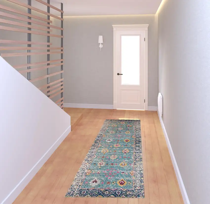 7' Teal Blue Floral Power Loom Runner Rug With Fringe Photo 4