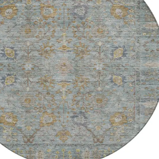 8' Teal Blue Gold And Beige Round Oriental Washable Indoor Outdoor Area Rug Photo 6