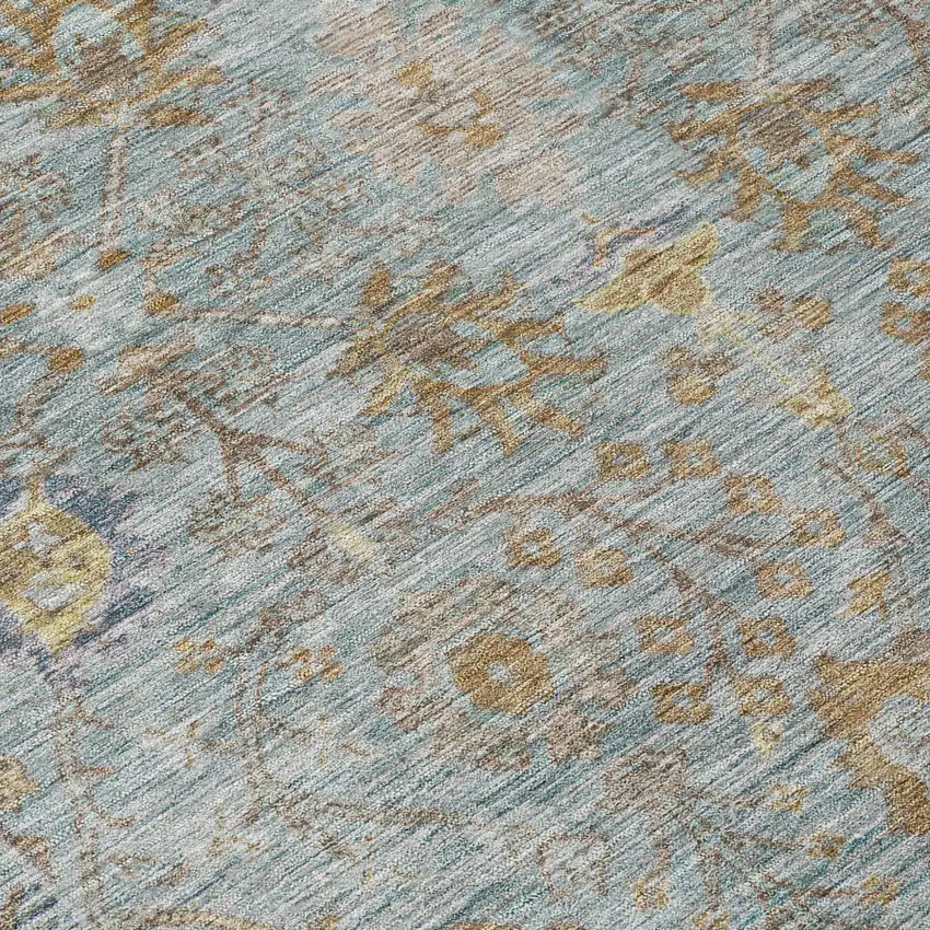8' Teal Blue Gold And Beige Round Oriental Washable Indoor Outdoor Area Rug Photo 5