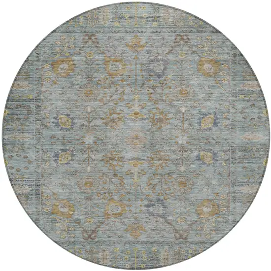 8' Teal Blue Gold And Beige Round Oriental Washable Indoor Outdoor Area Rug Photo 2