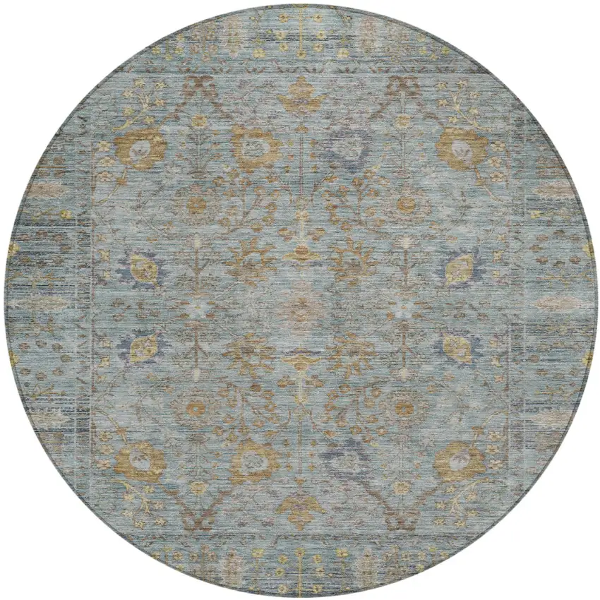 8' Teal Blue Gold And Beige Round Oriental Washable Indoor Outdoor Area Rug Photo 2
