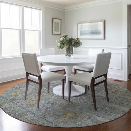 8' Teal Blue Gold And Beige Round Oriental Washable Indoor Outdoor Area Rug Photo 9