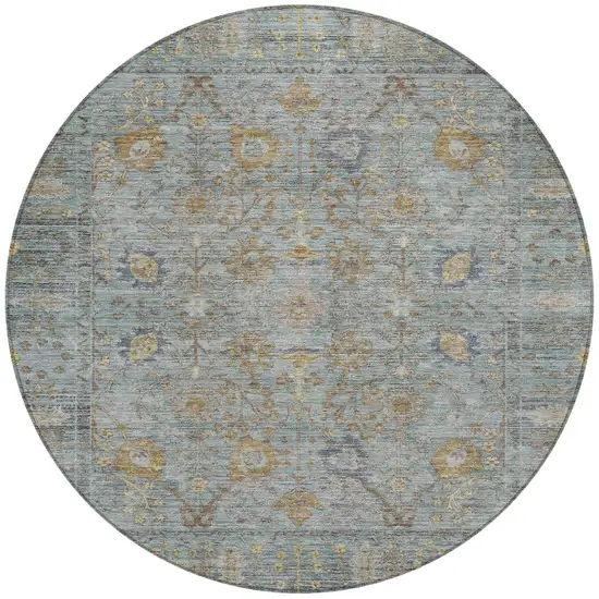 8' Teal Blue Gold And Beige Round Oriental Washable Indoor Outdoor Area Rug Photo 7
