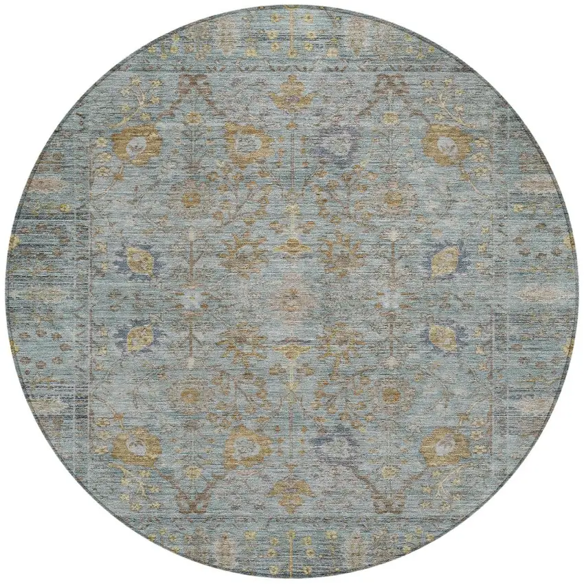 8' Teal Blue Gold And Beige Round Oriental Washable Indoor Outdoor Area Rug Photo 7