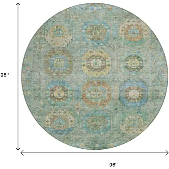8' Teal Blue Gold And Copper Round Medallion Washable Indoor Outdoor Area Rug Photo 3