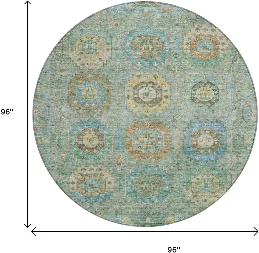 8' Teal Blue Gold And Copper Round Medallion Washable Indoor Outdoor Area Rug Photo 3