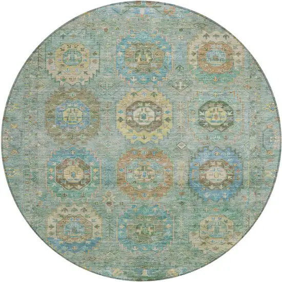 8' Teal Blue Gold And Copper Round Medallion Washable Indoor Outdoor Area Rug Photo 2