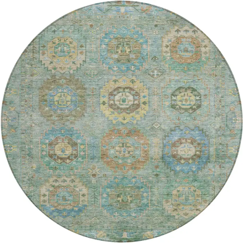 8' Teal Blue Gold And Copper Round Medallion Washable Indoor Outdoor Area Rug Photo 2
