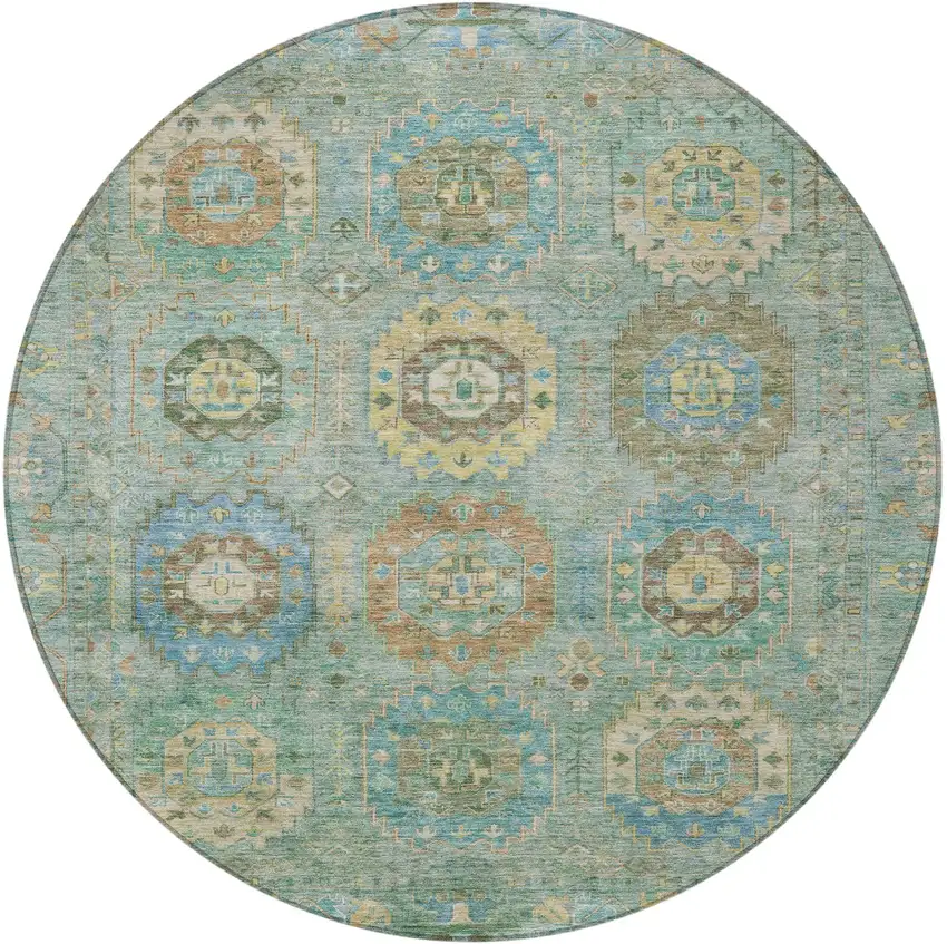 8' Teal Blue Gold And Copper Round Medallion Washable Indoor Outdoor Area Rug Photo 5