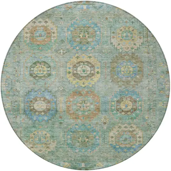 8' Teal Blue Gold And Copper Round Medallion Washable Indoor Outdoor Area Rug Photo 5