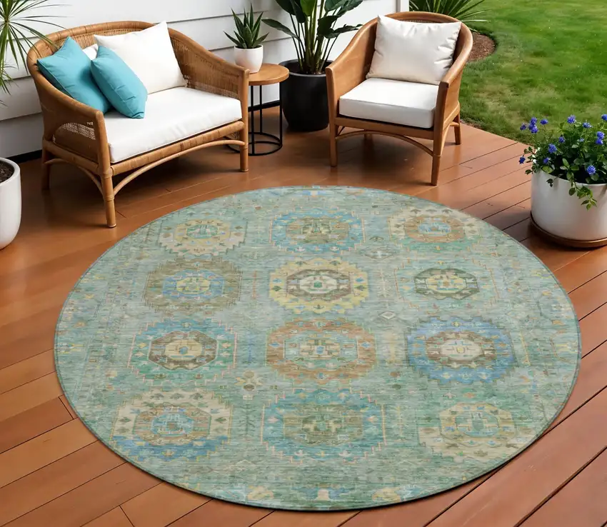 8' Teal Blue Gold And Copper Round Medallion Washable Indoor Outdoor Area Rug Photo 1