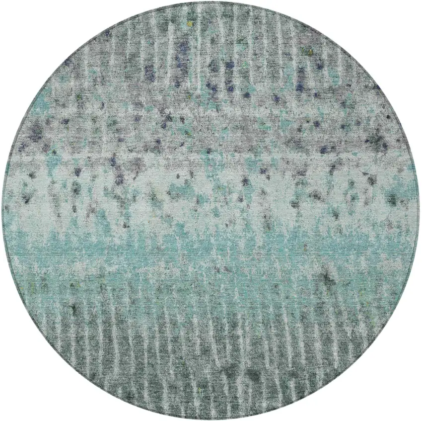8' Teal Blue Gold And Gray Round Abstract Washable Indoor Outdoor Area Rug Photo 3