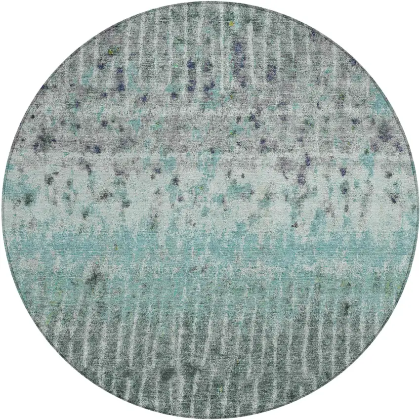8' Teal Blue Gold And Gray Round Abstract Washable Indoor Outdoor Area Rug Photo 1