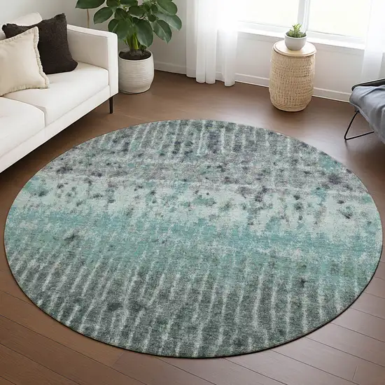 8' Teal Blue Gold And Gray Round Abstract Washable Indoor Outdoor Area Rug Photo 5