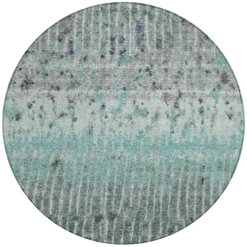 8' Teal Blue Gold And Gray Round Abstract Washable Indoor Outdoor Area Rug Photo 2