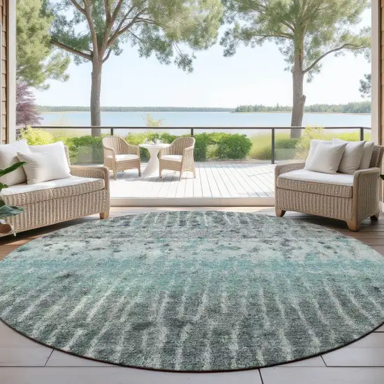 8' Teal Blue Gold And Gray Round Abstract Washable Indoor Outdoor Area Rug Photo 4