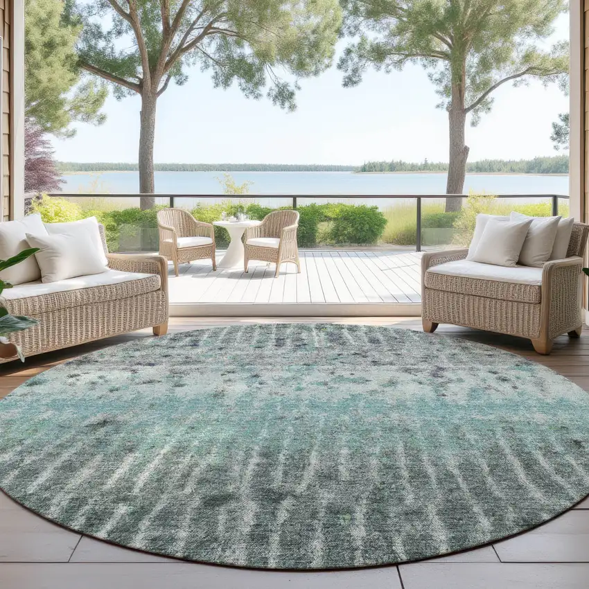 8' Teal Blue Gold And Gray Round Abstract Washable Indoor Outdoor Area Rug Photo 4