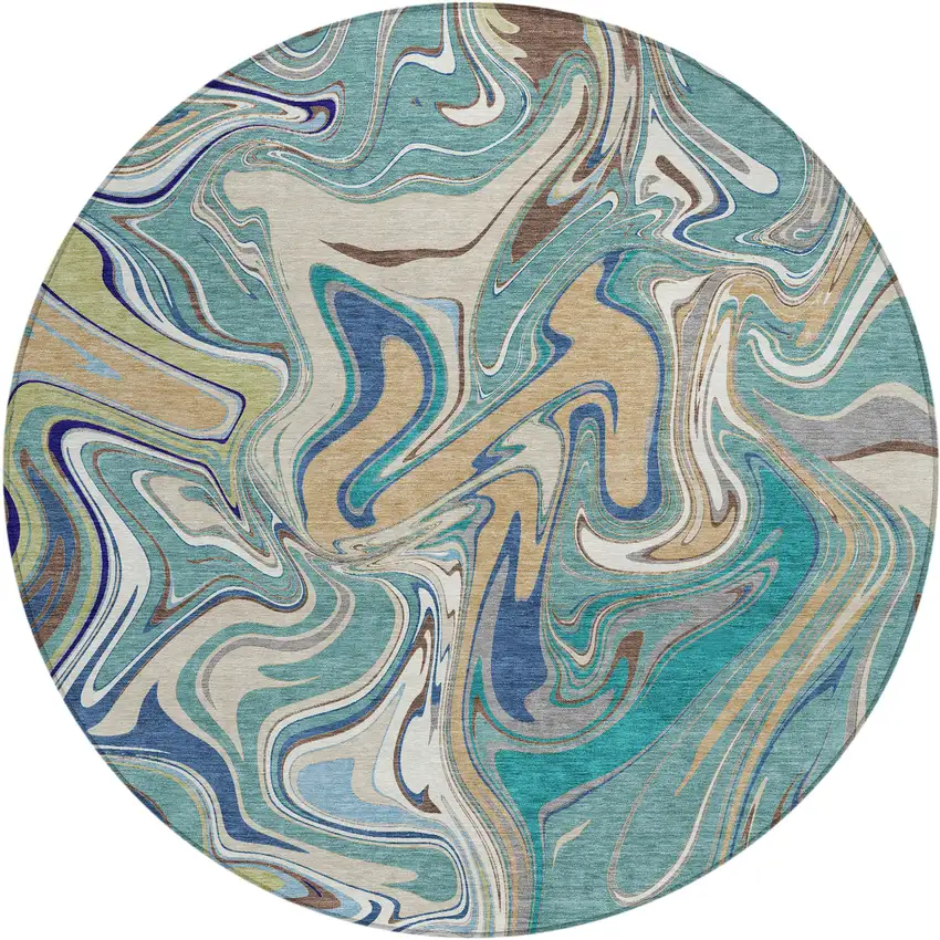 8' Teal Blue Gold And Ivory Round Abstract Washable Indoor Outdoor Area Rug Photo 1