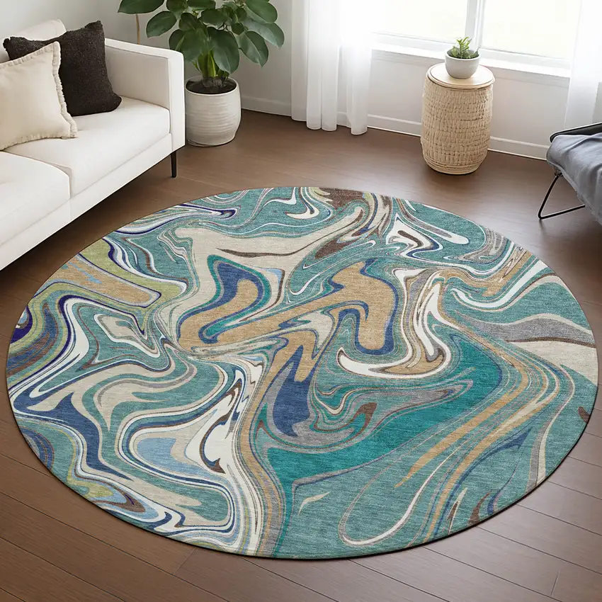 8' Teal Blue Gold And Ivory Round Abstract Washable Indoor Outdoor Area Rug Photo 5