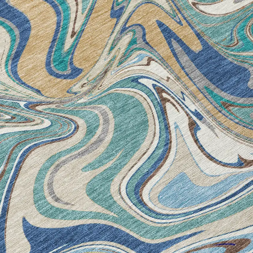 8' Teal Blue Gold And Ivory Round Abstract Washable Indoor Outdoor Area Rug Photo 9