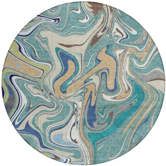 8' Teal Blue Gold And Ivory Round Abstract Washable Indoor Outdoor Area Rug Photo 3