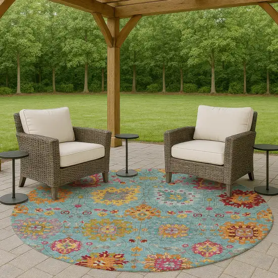 8' Teal Blue Gold And Pink Round Damask Washable Indoor Outdoor Area Rug Photo 8