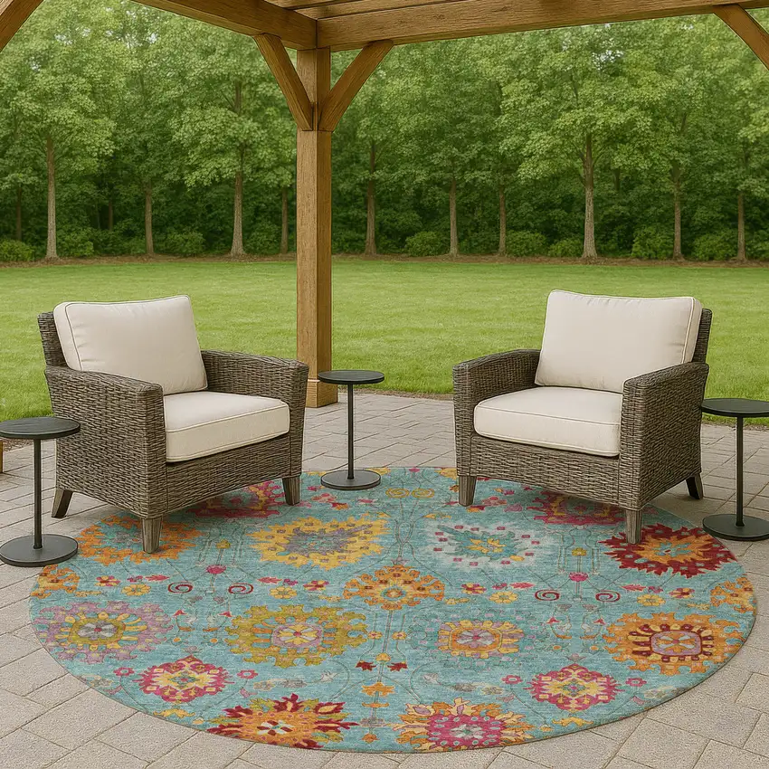 8' Teal Blue Gold And Pink Round Damask Washable Indoor Outdoor Area Rug Photo 8