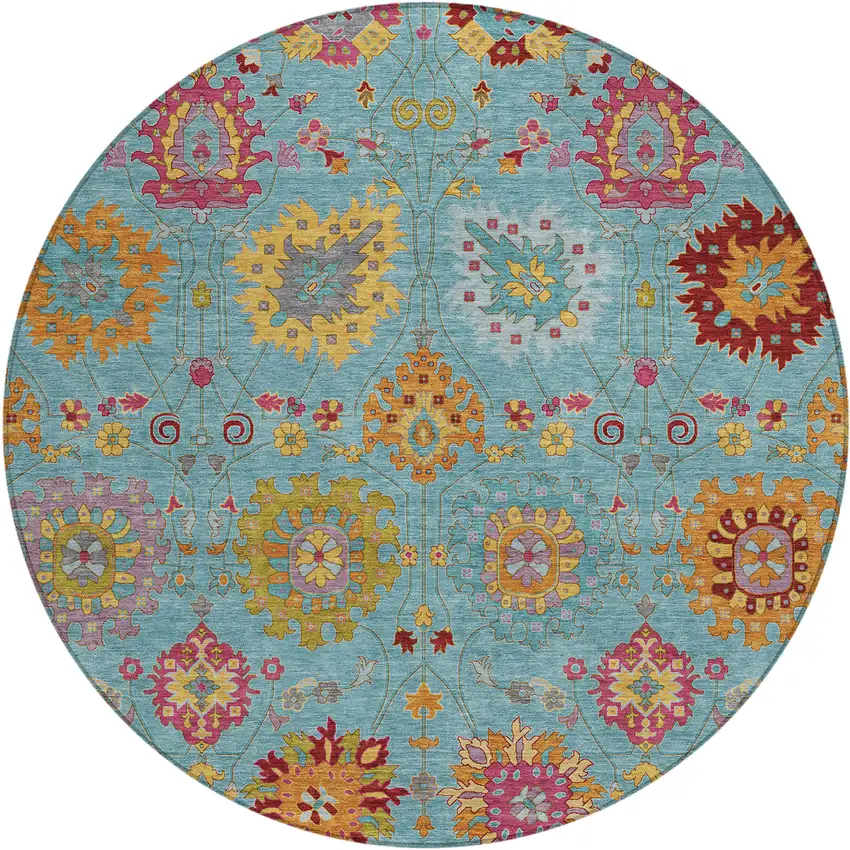 8' Teal Blue Gold And Pink Round Damask Washable Indoor Outdoor Area Rug Photo 2