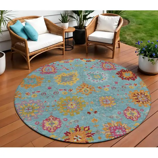 8' Teal Blue Gold And Pink Round Damask Washable Indoor Outdoor Area Rug Photo 1