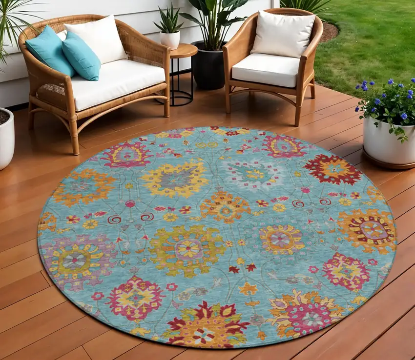 8' Teal Blue Gold And Pink Round Damask Washable Indoor Outdoor Area Rug Photo 1