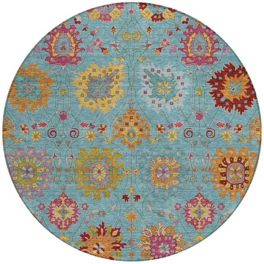 8' Teal Blue Gold And Pink Round Damask Washable Indoor Outdoor Area Rug Photo 4