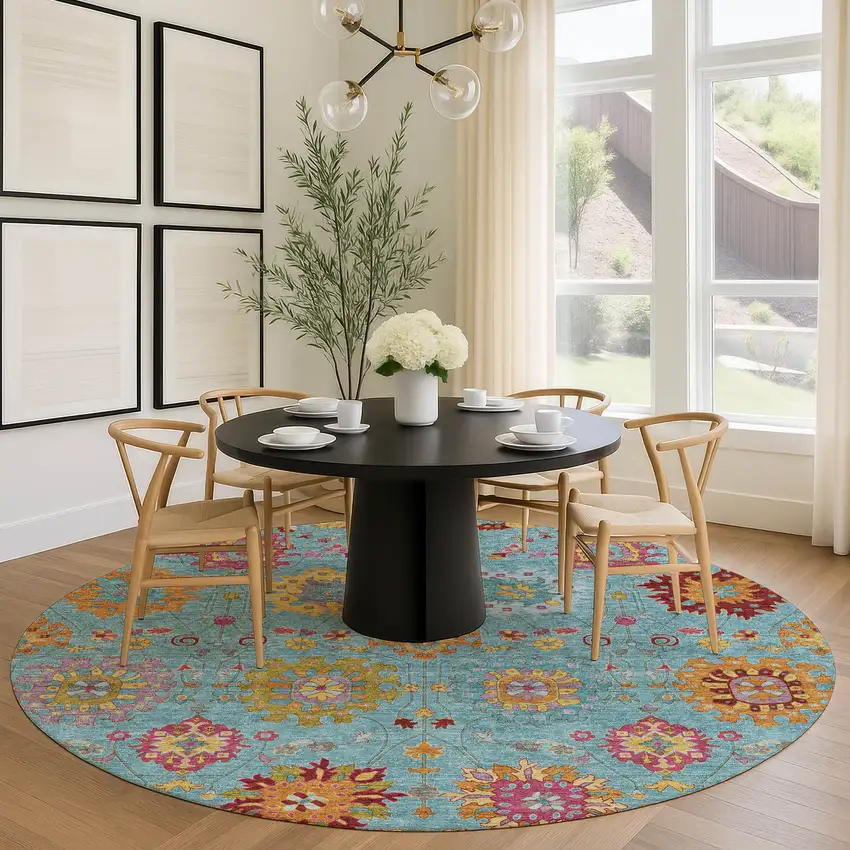 8' Teal Blue Gold And Pink Round Damask Washable Indoor Outdoor Area Rug Photo 9