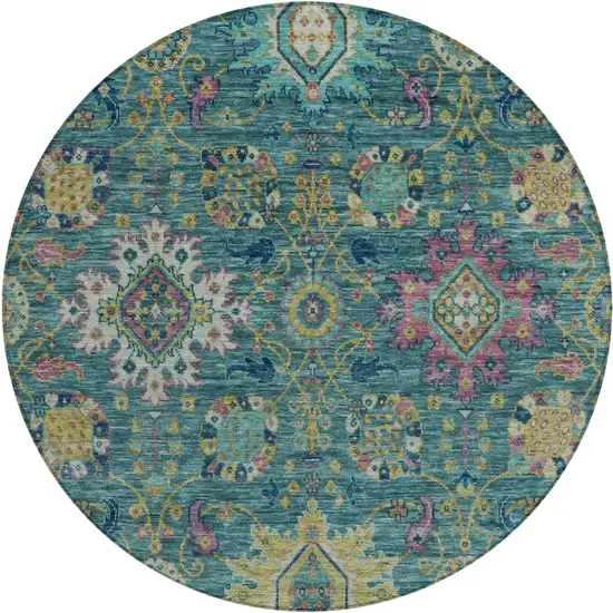 8' Teal Blue Gold And Pink Round Medallion Washable Indoor Outdoor Area Rug Photo 1