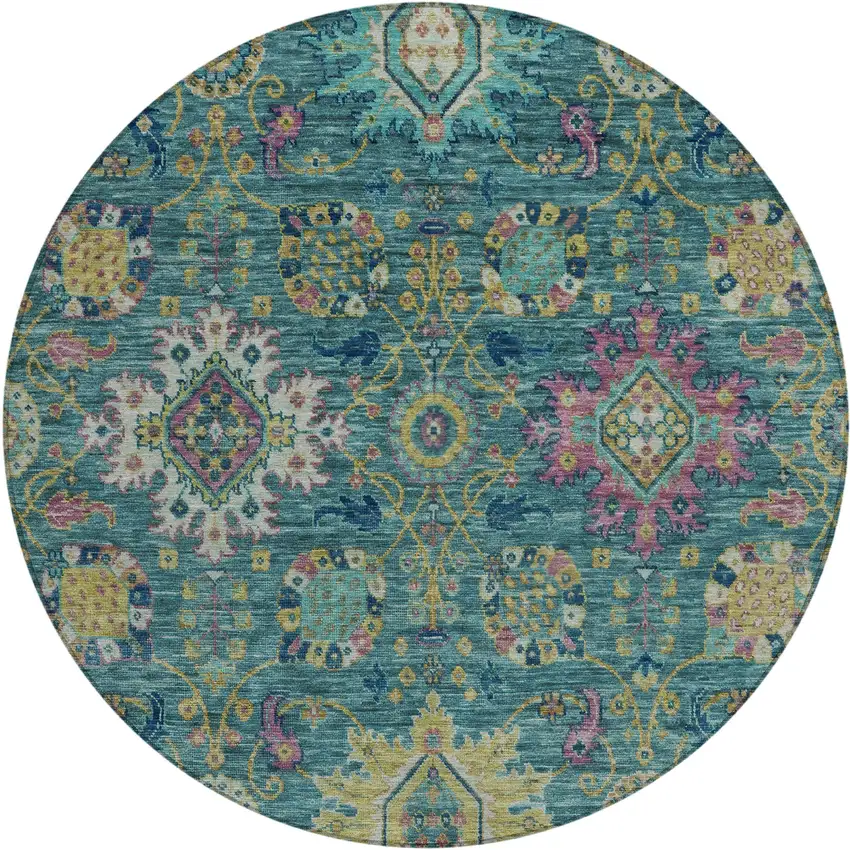 8' Teal Blue Gold And Pink Round Medallion Washable Indoor Outdoor Area Rug Photo 1