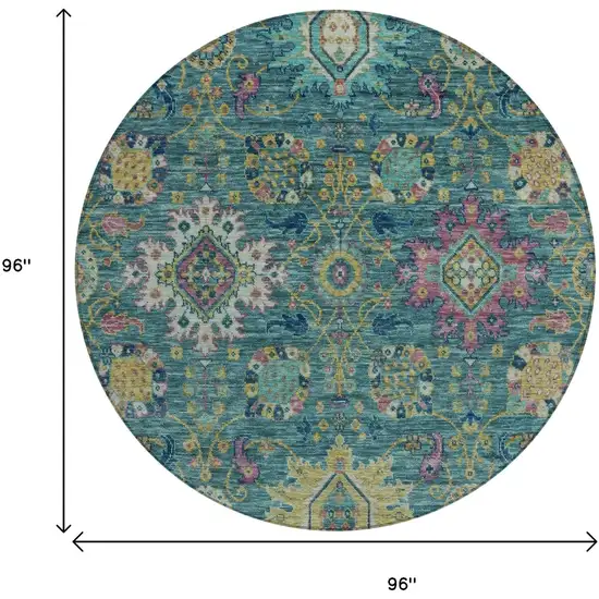 8' Teal Blue Gold And Pink Round Medallion Washable Indoor Outdoor Area Rug Photo 9