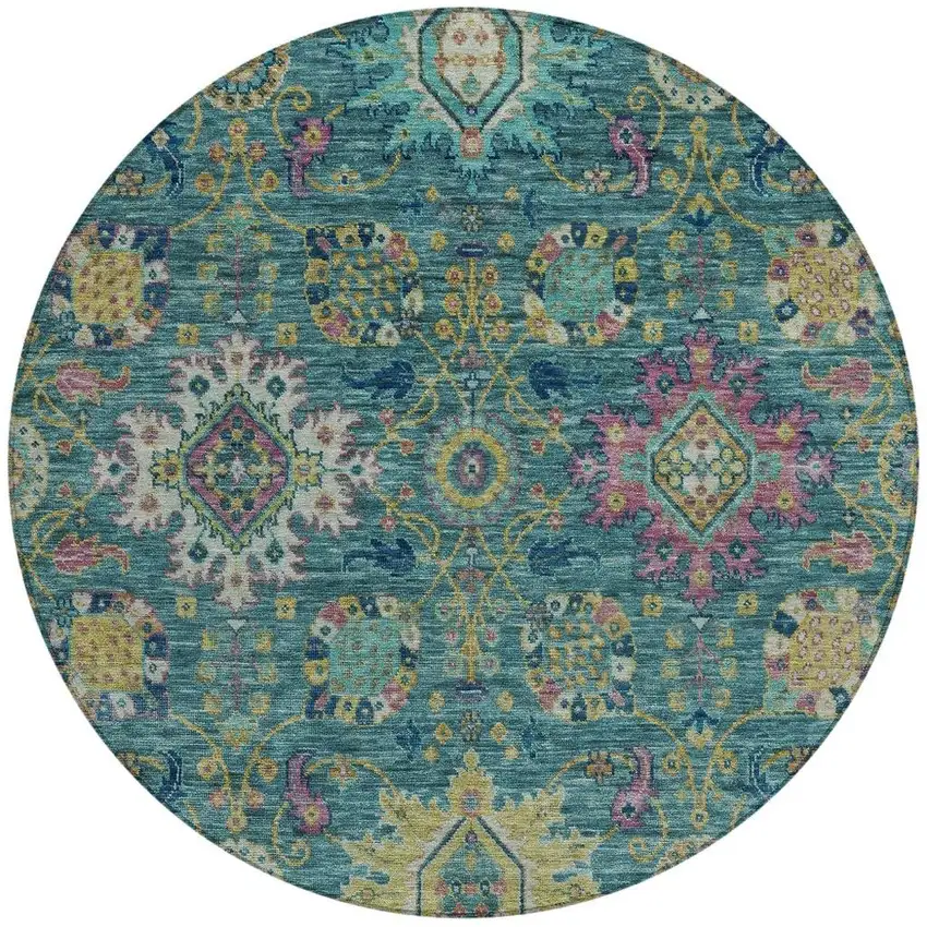 8' Teal Blue Gold And Pink Round Medallion Washable Indoor Outdoor Area Rug Photo 3