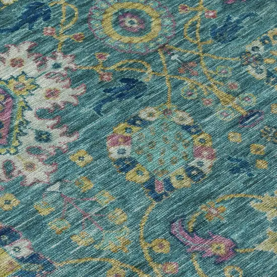 8' Teal Blue Gold And Pink Round Medallion Washable Indoor Outdoor Area Rug Photo 6