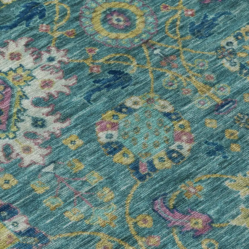 8' Teal Blue Gold And Pink Round Medallion Washable Indoor Outdoor Area Rug Photo 6