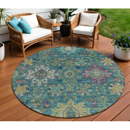 8' Teal Blue Gold And Pink Round Medallion Washable Indoor Outdoor Area Rug Photo 2