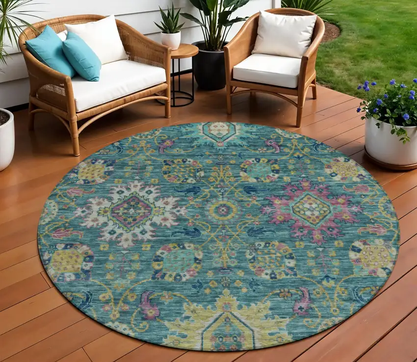 8' Teal Blue Gold And Pink Round Medallion Washable Indoor Outdoor Area Rug Photo 2